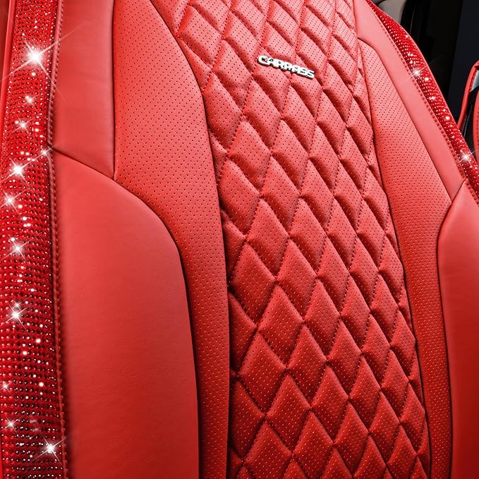 CAR PASS Nappa Leather Bling Diamond Car Seat Covers Full Set Universal Cushioned, Waterproof Heavy-Duty Anti-Slip Luxury Leather, Fit for SUV Sedan, Sparkly Glitter Shining Crystal Red Rhinestones