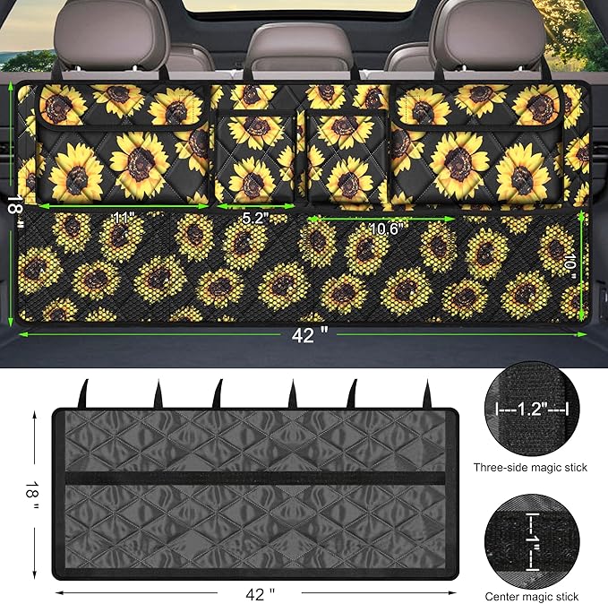 Femuar Car Trunk Organizer,Large Capacity Backseat Organizer(42 in*18 in),Collapsible Storage Bag with 8 Pocekt,Car Organizer for SUV/MPV/Truck - Sunflower TLAG-0114