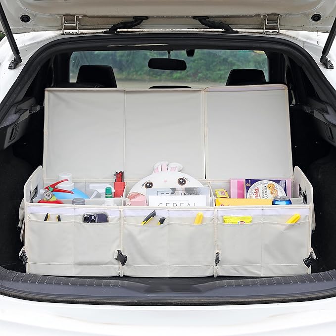 Car Trunk Organizer with Lid Storage Collapsible Multi Compartment Adjustable Straps for SUV, Truck, Sedan(Beige) XL
