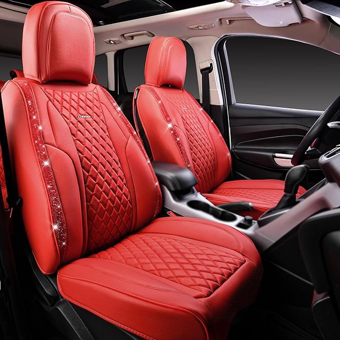 CAR PASS Nappa Leather Bling Diamond Car Seat Covers Full Set Universal Cushioned, Waterproof Heavy-Duty Anti-Slip Luxury Leather, Fit for SUV Sedan, Sparkly Glitter Shining Crystal Red Rhinestones