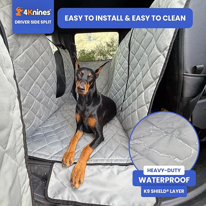 4Knines Dog Floor Hammock for Truck & Crew Cab with Fold Up Seats – Back Seat Pet Cover for Dogs – Compatible with Ram and Nissan Full Size Trucks (Driver Side Split, Grey)