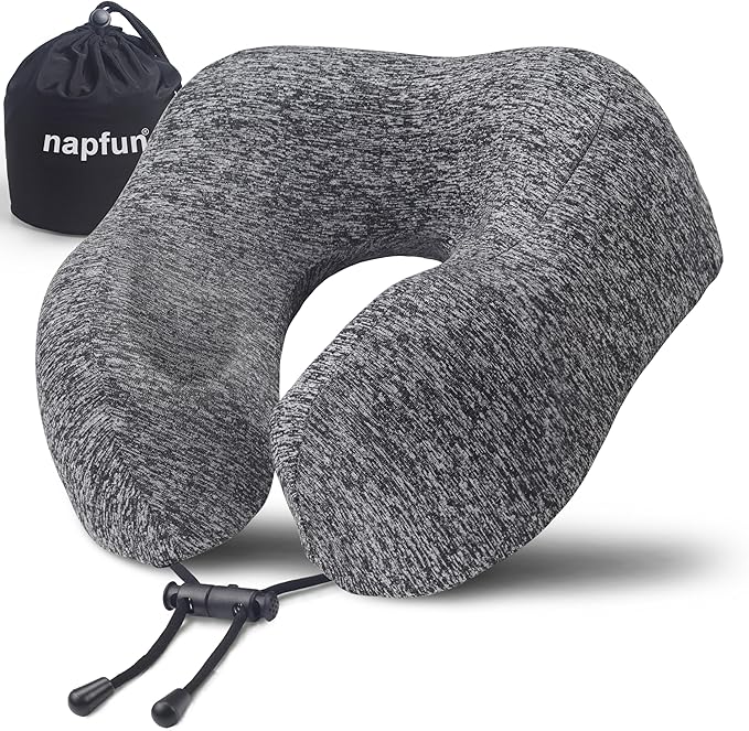 napfun Neck Pillow for Traveling, Upgraded Travel Neck Pillow for Airplane 100% Pure Memory Foam Travel Pillow for Flight Headrest Sleep, Portable Plane Accessories, Full Grey