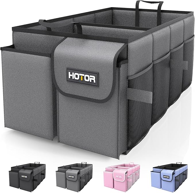 HOTOR Foldable Trunk Organizer - 2-Compartment 21.3"×12.6"×10.6" Grey SUV & Sedan Organizer for Accessories, Tools and Sundries
