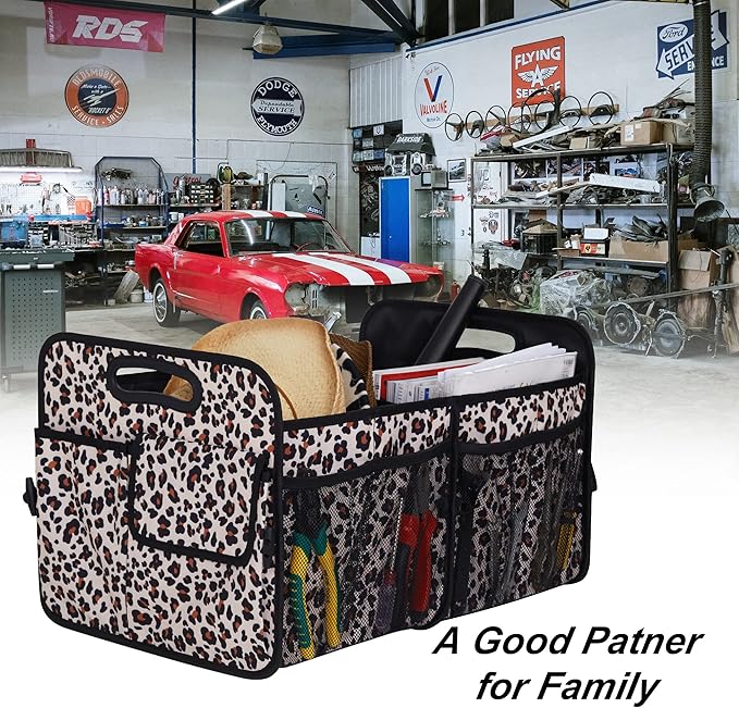 Femuar Car Trunk Organizer, Large Capacity Collapsible Trunk Storage with 11 Pockets, Waterproof, Non-Slip, Suitable for Car, SUV, Truck, Van, Jeep, Sedan, Leopard Print