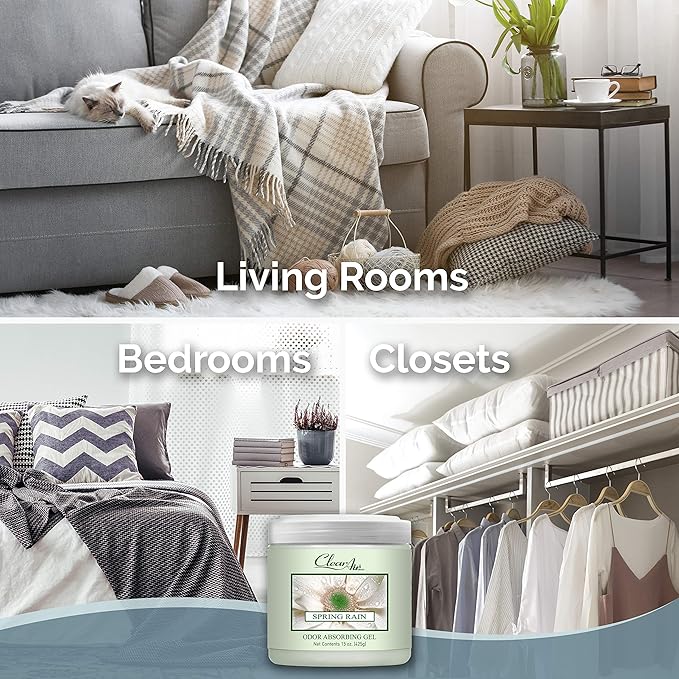 Clear Air 15oz Gel Odor Eliminator - Absorb & Remove Strong Odors from Pets, in Bathrooms, Basements, Garage, Cars, RVs & Boats - Eliminate Tough Odors with Essential Oils (Spring Rain, 2-Pack)