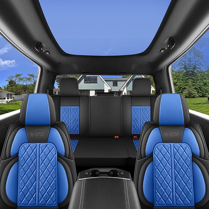 Car Seat Cover Custom Fit for Dodge Ram 1500 2500 3500 2009-2026 Faux Leather Seat Cover Set Compatible with Crew Quad Regular Cab Pickup Truck Cushions (Black & Blue, Full Set, Flat Rear)
