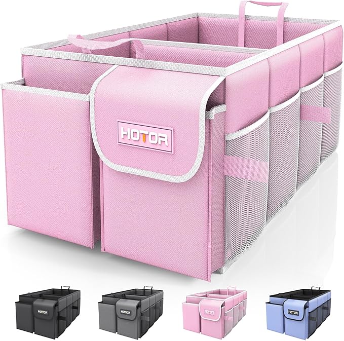 HOTOR Foldable Trunk Organizer for SUVs & Sedans, Pink, 2 Compartments, 21.3"12.6"10.6