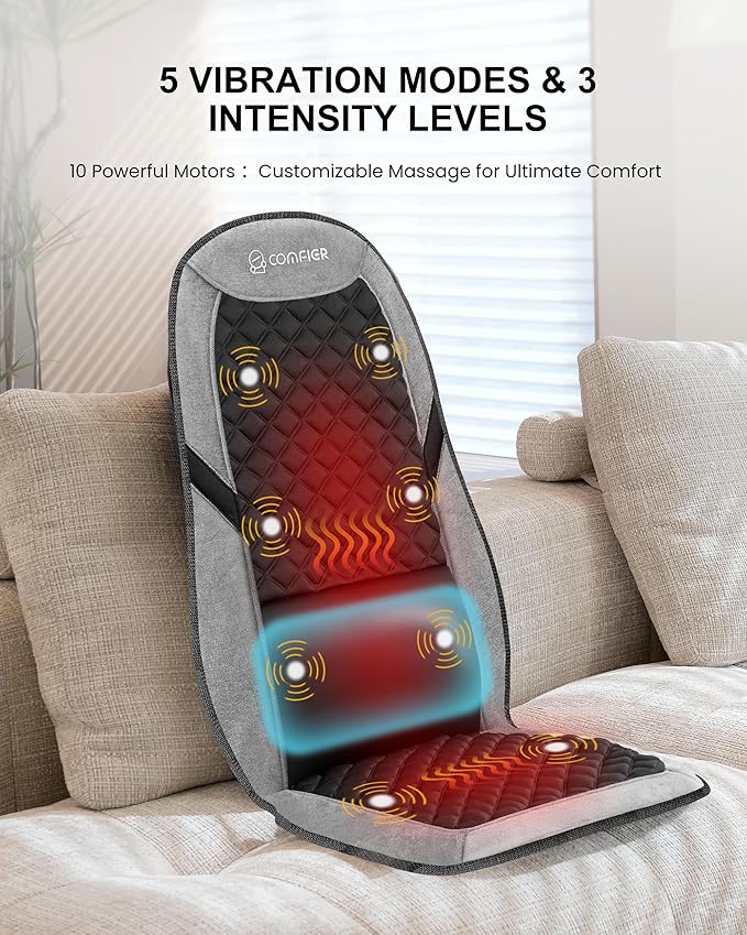 COMFIER Back Massager with Heat, Massage Seat Cushion for Chair with 10 Vibration Motors, Adjustable Lumbar Support,Chair Massager for Office,Recliner,Gifts for Men,Women