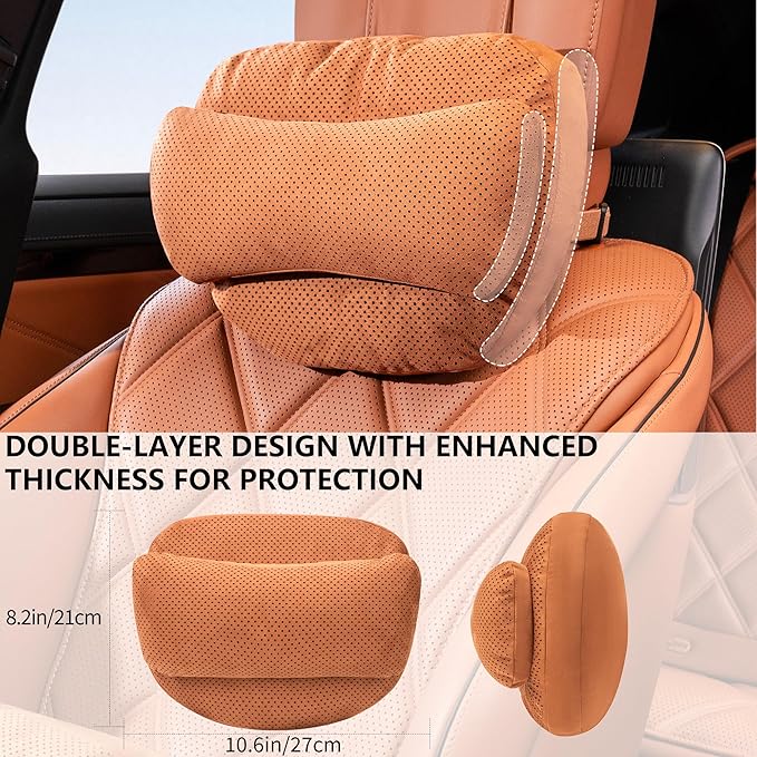 2 Pack Car Headrest Pillow, Suede Car Headrest Pillow for Neck Support with Adjustable Strap, Suitable for Cars SUVs Sedan Home Office (Orange)