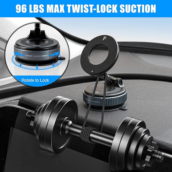 Ryvlan Carmount Vacuum Magnetic Phone Mount for Car– Magsafe Suction iPhone Stand, Content Creator Phone Holder & Car Mount, iPhone Holder for Dashboard & Windshield, Suction Cup Samsung Stand