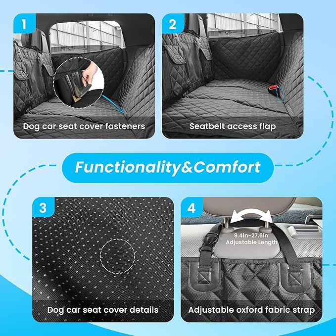Dog Seat Cover for Back Seat with Hard Bottom Extender, 450lbs Support Dog Hammock for Car, Waterproof Non-Slip Back Seat Cover for Dogs with Full Seat & Door Protection for Truck SUV Sedan