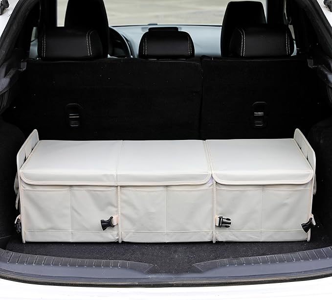 Car Trunk Organizer with Lid Storage Collapsible Multi Compartment Adjustable Straps for SUV, Truck, Sedan(Beige) XL