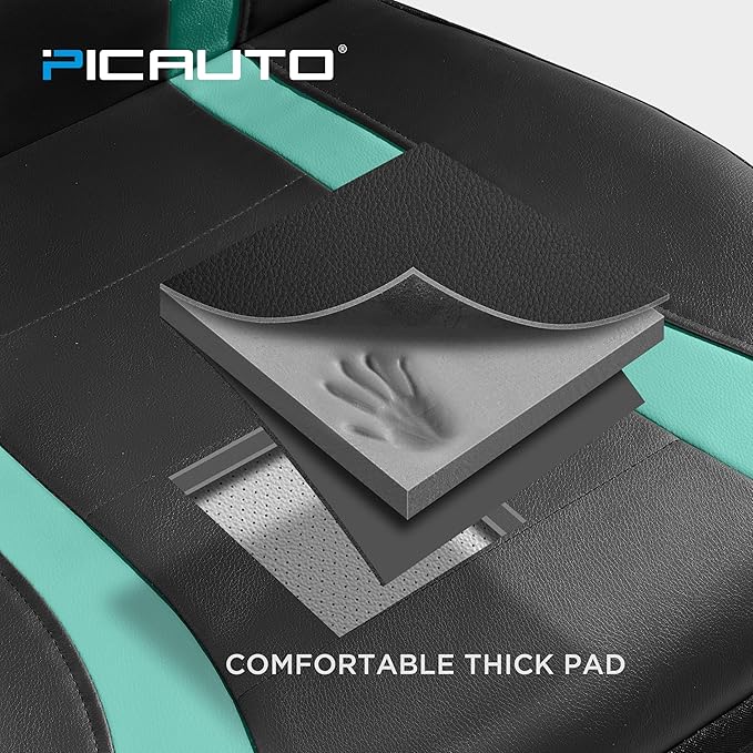 PIC AUTO Leather Car Seat Covers, Premium Automotive Waterproof Two Front Bucket Car Seat Protectors, Black and Green PVC Patchwork, Fits for Cars, Trucks, Van, SUV, Airbag Compatible