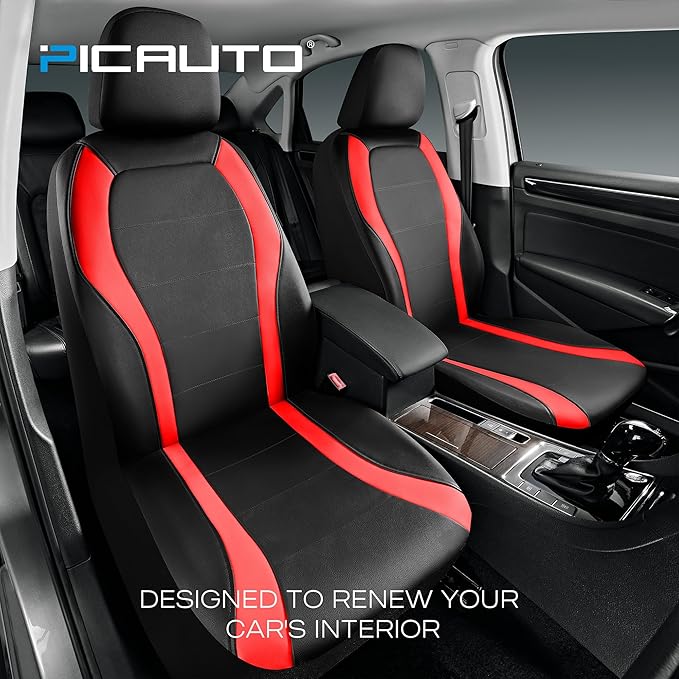PIC AUTO Leather Car Seat Covers, Premium Automotive Waterproof Two Front Bucket Seat Protectors, Black and Red PVC Patchwork, Fits Cars, Trucks, Vans, SUVs, Airbag Compatible