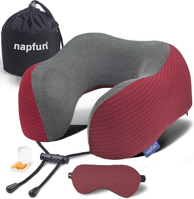 napfun Neck Pillow for Traveling, Upgraded Travel Neck Pillow for Airplane 100% Pure Memory Foam Travel Pillow for Flight Headrest Sleep, Portable Plane Accessories, Wine-Red Set