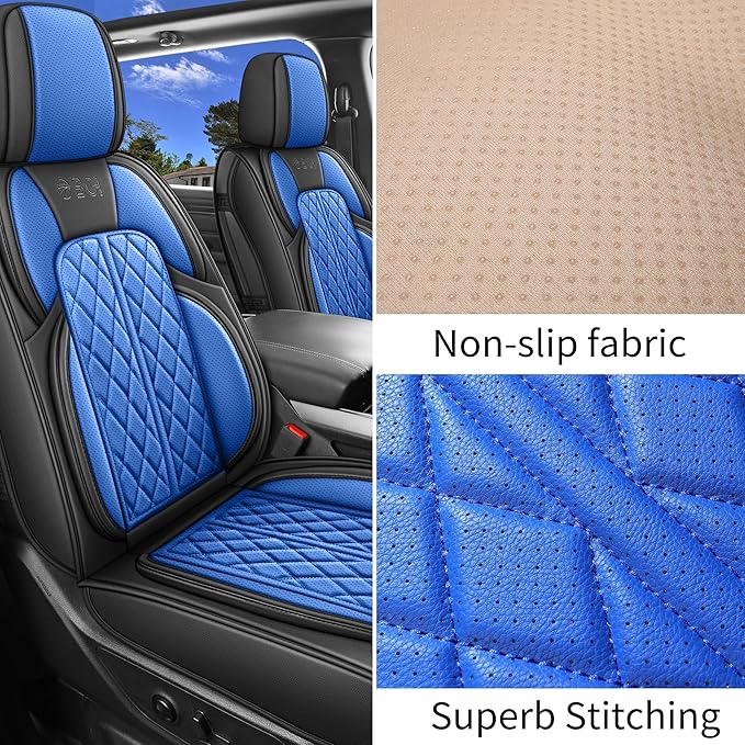 Car Seat Cover Custom Fit for Dodge Ram 1500 2500 3500 2002-2026 Faux Leather Seat Cover Set Compatible with Crew Quad Regular Cab Pickup Truck Cushions (Black & Blue, Full Set, Curved Rear)