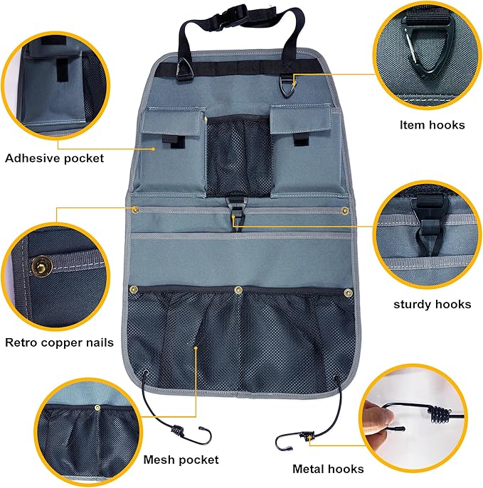 Car Seat Back Organizer with Multiple Storage Pockets, Black Mesh and Fabric, Universal Fit (grey)