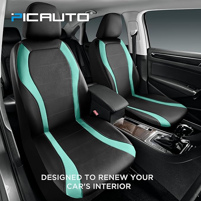 PIC AUTO Leather Car Seat Covers, Premium Automotive Waterproof Two Front Bucket Car Seat Protectors, Black and Green PVC Patchwork, Fits for Cars, Trucks, Van, SUV, Airbag Compatible