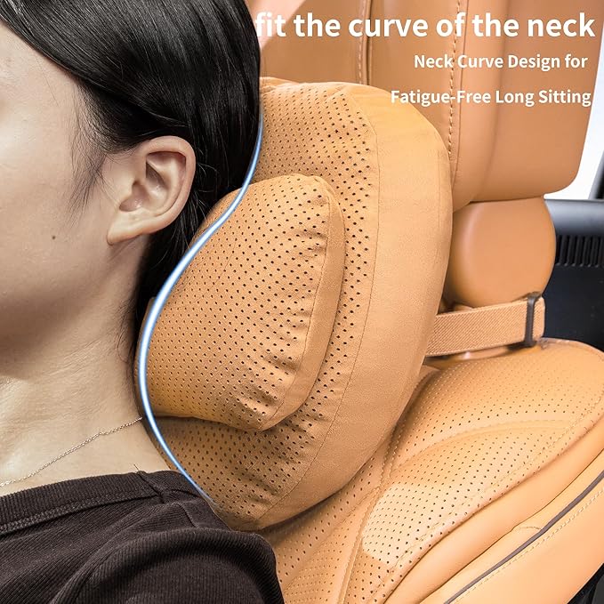 2 Pack Car Neck Pillow, uede Car Headrest Pillow for Neck Support with Adjustable Strap, Universal Fit Cars SUVs Sedan Home Office (Palomino Brown)