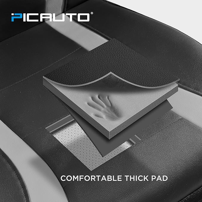 PIC AUTO Leather Car Seat Covers, Premium Automotive Waterproof Two Front Bucket Seat Protectors, Black and Gray PVC Patchwork, Fits Cars, Trucks, Vans, SUVs, Airbag Compatible