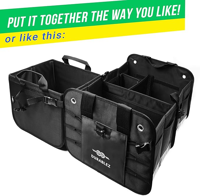 3-Section Car Trunk Organizer XL – Large Modular Auto Storage Bin, Foldable Multi-Compartment Cargo Organizer for Car Trunk, Heavy Duty 1680D Design – Black