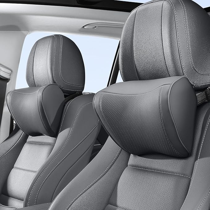 Car Headrest Pillow 100% Memory Foam, Breathable Removable Leather Cover, Premium Seat Support Head Neck Cushion for Driving Travel Home Office, Gray, 2 Pack
