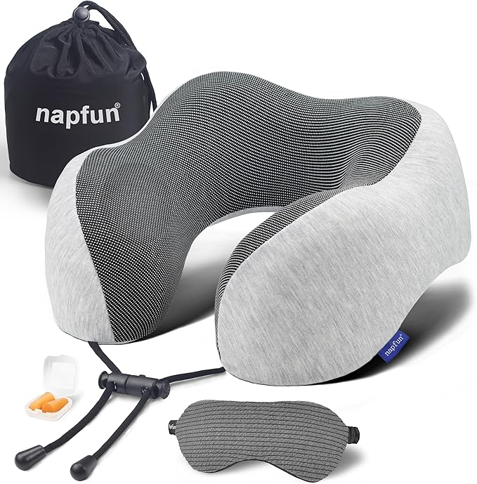 napfun Neck Pillow for Traveling, Upgraded Travel Neck Pillow for Airplane 100% Pure Memory Foam Travel Pillow for Flight Headrest Sleep, Portable Plane Accessories, Light Grey Set