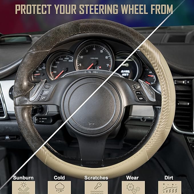 CAR PASS Line Rider Microfiber Leather Sporty Steering Wheel Cover Universal Fits for 95% Truck,SUV,Cars, Anti-Slip Safety Comfortable Desgin (Beige-Carbon Fiber)