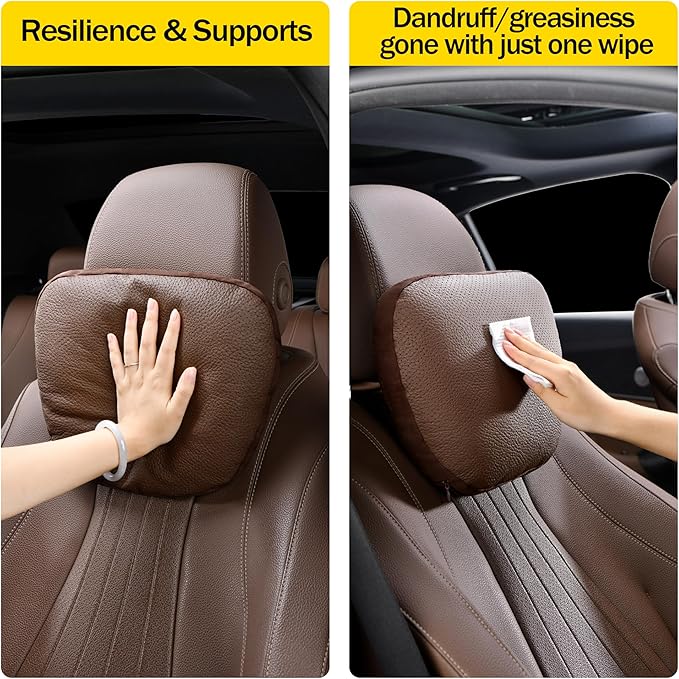 Genuine Leather Car Neck Pillow for headrest,Support Drive Seats Head Cushion,Real Cow Leather,11.8x7.5”,Plant-Based Polyester,Thickness & Height Adjustable,Inner Liner fillable(Beige,1p)