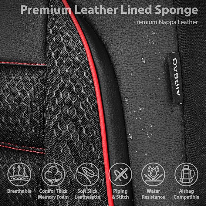 CAR PASS 3D Foam Leather Car Seat Covers Two Front Seats only, Air Mesh Thick Seat Covers, All Weather Car Seat Cover Comfort & Protection for Truck,SUV,Sedan,Van, Airbag Compatible Red