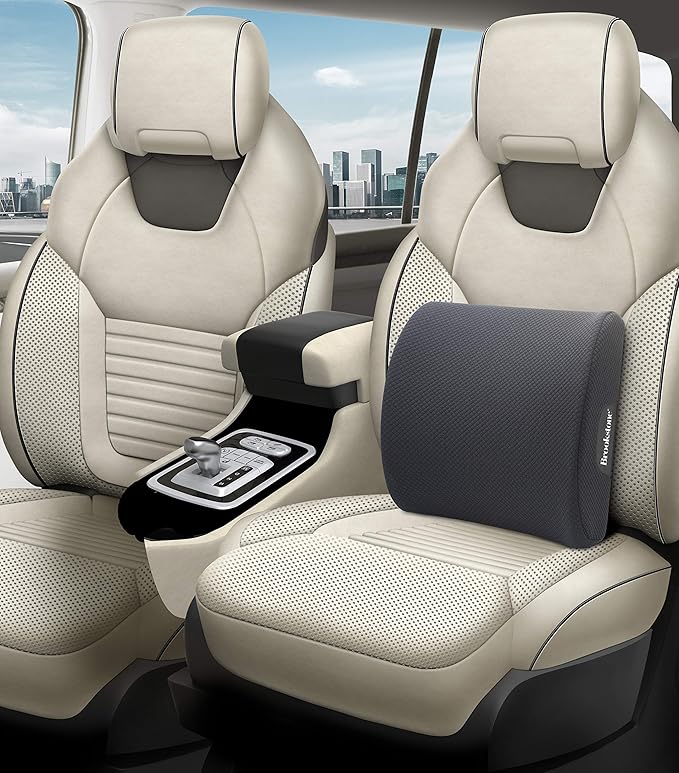 Brookstone BK1209 - Luxurious Lumbar Support Pillow for Car or Office Chair, Back Cushion with Premium Grade Memory Foam, Breathable and Washable Cover, Adjustable Strap