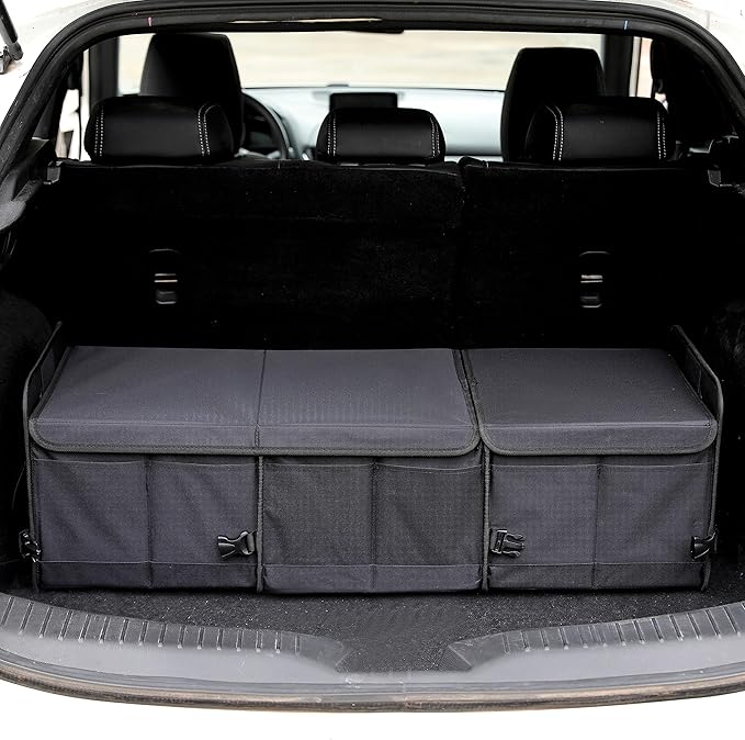 Car Trunk Organizer with Lid Storage Collapsible Multi Compartment Adjustable Straps for SUV, Truck, Sedan(Black) XL