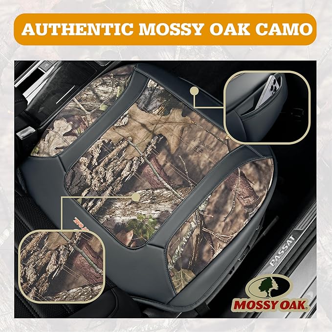 Mossy Oak Car Seat Cover, Luxury Faux Leather Front Bottom Seat Cushion Cover, Universal Anti-Slip with Wrap-Around Design and Storage Bags, Suitable for Most Vehicles - Gray Color 1 Piece