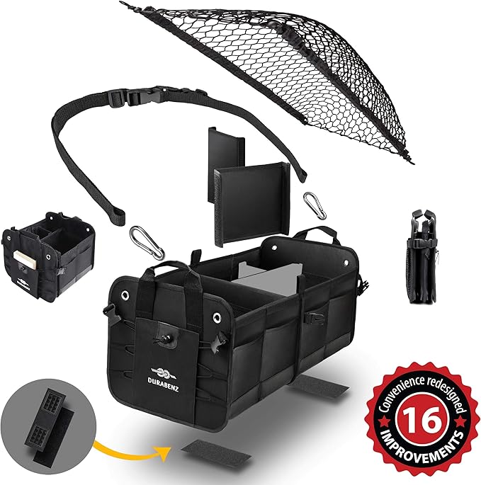 2-Section Trunk Organizer Foldable Car Storage Bin – Compact Dual-Compartment Auto Organizer with Cover Net, Non-Slip Pads, Heavy Duty Oxford 1680D – Black