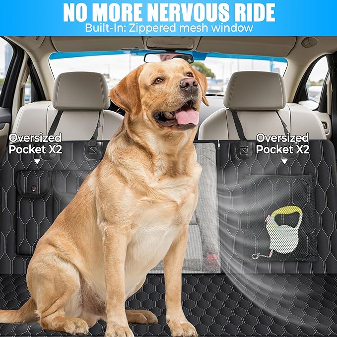 Dog Back Seat Cover Hard Bottom - Holds 400lbs - Waterproof Dog Hammock for Car - 40% Extra Space - Car, SUV & Truck Universal Size - Pet Seat Cover for Back Seat - Seat & Door Protector