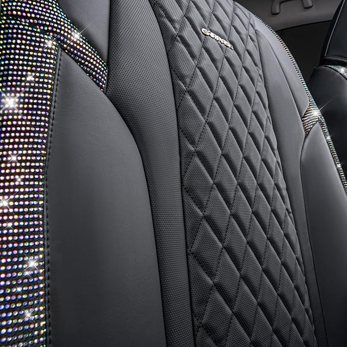 CAR PASS Iridescent Diamond &NAPPA Calfskin Leather Cushioned,Bling Seat Covers,Waterproof Heavy-Duty Anti-Slip,Universal Fit for Auto SUV Sedan,Sparkly Glitter Shining Rhinestone Full Set, Multicolor
