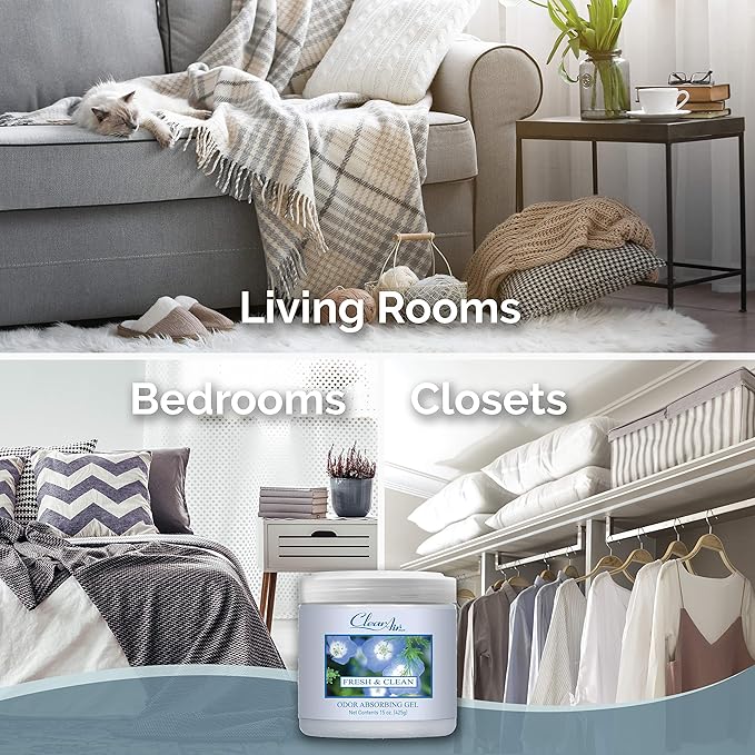 Clear Air 15oz Gel Odor Eliminator - Absorb & Remove Strong Odors from Pets, in Bathrooms, Basements, Garage, Cars, RVs & Boats - Eliminate Tough Odors with Essential Oils (Fresh & Clean, 2-Pack)