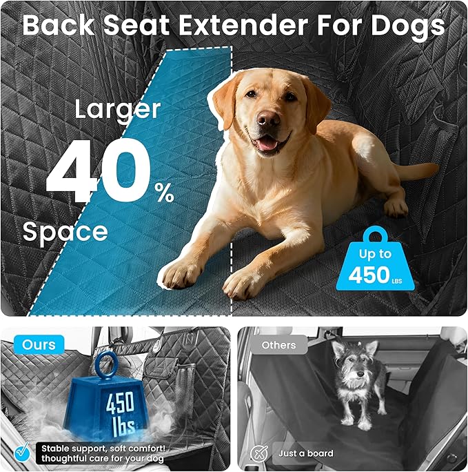 Dog Seat Cover for Back Seat with Hard Bottom Extender, 450lbs Support Dog Hammock for Car, Waterproof Non-Slip Back Seat Cover for Dogs with Full Seat & Door Protection for Truck SUV Sedan