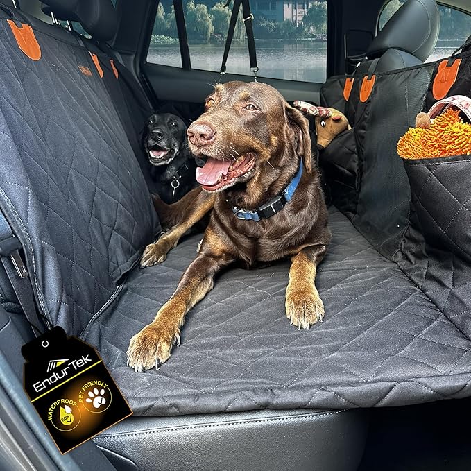 Dog Car Seat Cover for Back Seat | Universal Hard Bottom Back Seat Extender for Car, Truck, SUV | Waterproof Cargo and Truck Bed Protector Hammock with Storage Pockets for Medium & Large Dogs