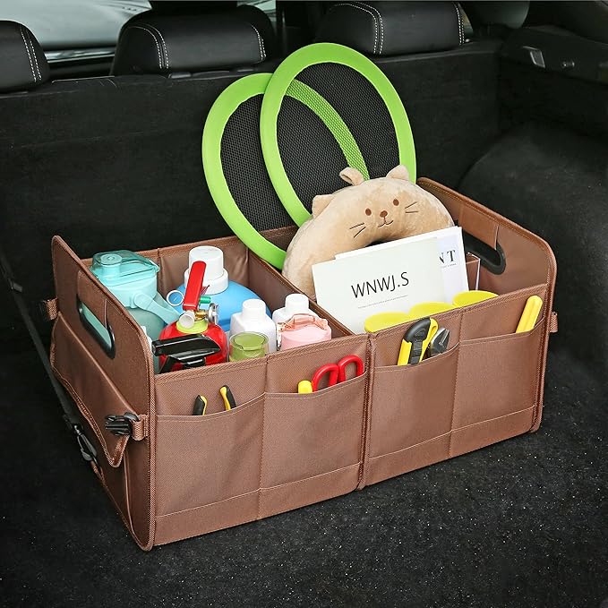 Car Trunk Organizer, Brown, Foldable, Non-slip, Adjustable, Multiple Compartments, 600D Oxford Cloth Material