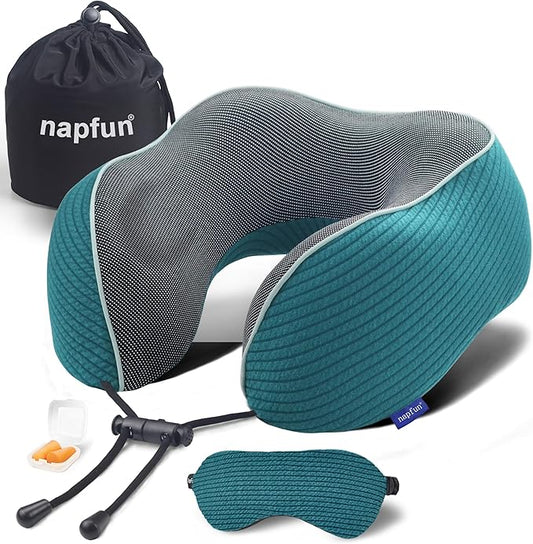napfun Neck Pillow for Traveling, Upgraded Travel Neck Pillow for Airplane 100% Pure Memory Foam Travel Pillow for Flight Headrest Sleep, Portable Plane Accessories, Luxury Sets (Optional), Teal