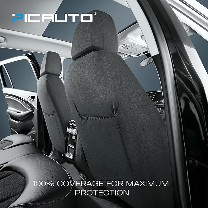 PIC AUTO Leather Car Seat Covers, Premium Automotive Waterproof Two Front Bucket Seat Protectors, Black and Gray PVC Patchwork, Fits Cars, Trucks, Vans, SUVs, Airbag Compatible