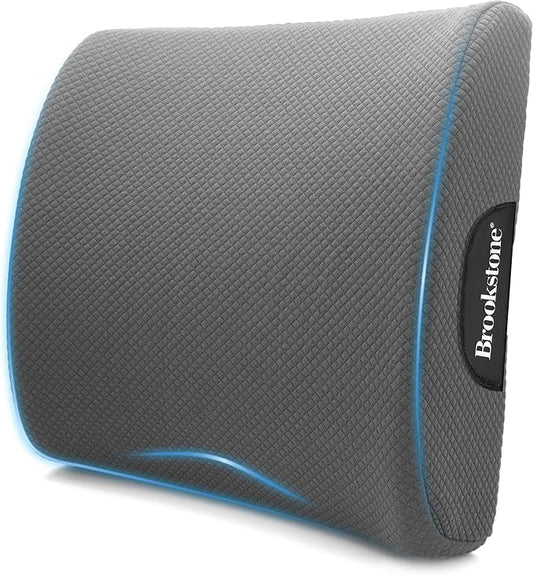 Brookstone - Luxurious Lumbar Support Pillow for Car or Office Chair, Back Cushion with Premium Grade Memory Foam, Breathable and Washable Cover, Adjustable Strap