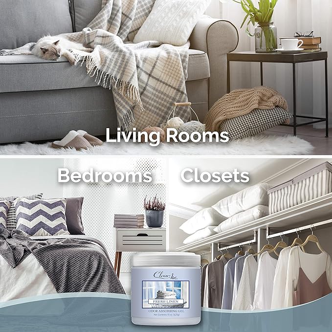 Clear Air 15oz Gel Odor Eliminator - Absorb & Remove Strong Odors from Pets, in Bathrooms, Basements, Garage, Cars, RVs & Boats - Eliminate Tough Odors with Essential Oils (Fresh Linen, 2-Pack)