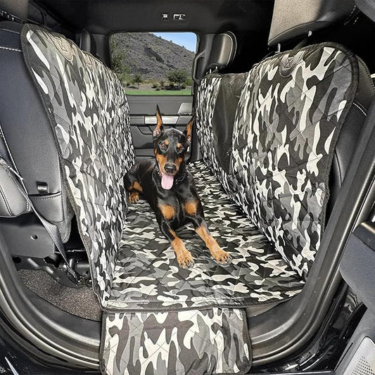 4Knines Dog Floor Hammock for Truck & Crew Cab with Fold Up Seats – Back Seat Pet Cover for Dogs – Compatible with Ram and Nissan Full Size Trucks (Driver Side Split, Camo)