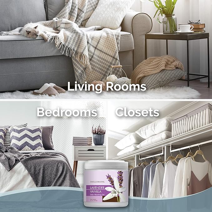 SMELLS BEGONE 15oz Gel Odor Eliminator - Absorb & Remove Tough Odors in Pet Areas, Bathrooms, Basements, Garage, Cars, RVs & Boats - Eliminate Odors Quickly (2-Pack, Lavender Vanilla)