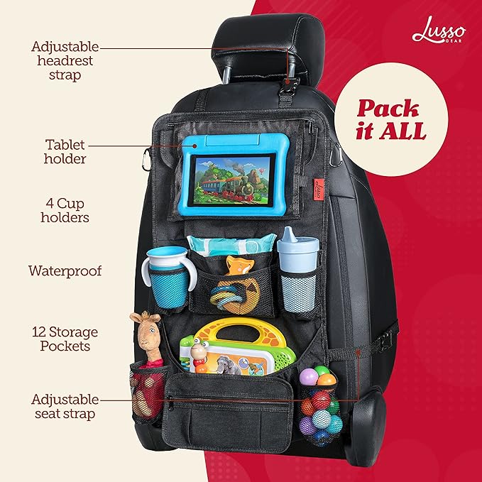 Lusso Gear Backseat Car Organizer- Kick Mat Protects Against Kids Feet - 12 Large Storage Pockets - iPad,Tablet, Water Bottle Holder- Durable, Heavy Duty Road Trip Essential (Black)