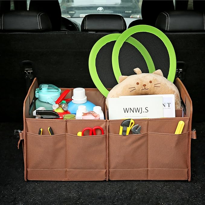 Car Trunk Organizer, Brown, Foldable, Non-slip, Adjustable, Multiple Compartments, 600D Oxford Cloth Material