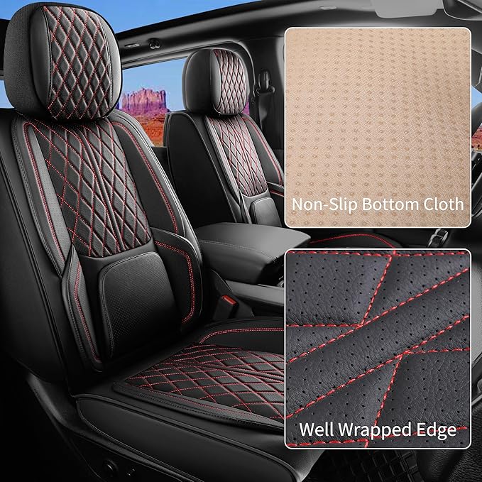 Car Seat Cover Custom Fit for Ford F150 2009-2026 Faux Leather Seat Cover Set Compatible with Regular Cab Super Cab Super Crew Pickup Truck Cushions (Black Redline, Front Seat)