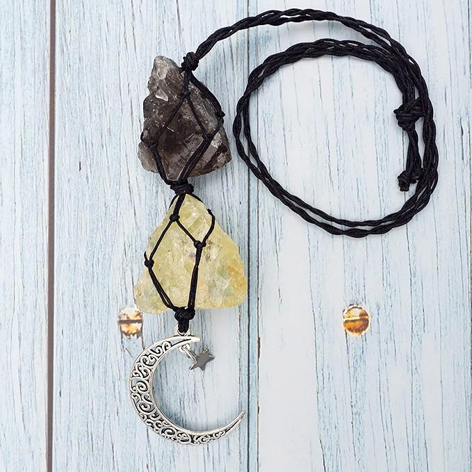 BOHO GARDEN Hanging Car Charm - Smoky Quartz & Citrine - Dangling Moon, Healing Crystal Accessories, Rearview Mirror Decorations ÐGrounding, Cleansing, Protection, Joy, Abundance, Clarity, Energy